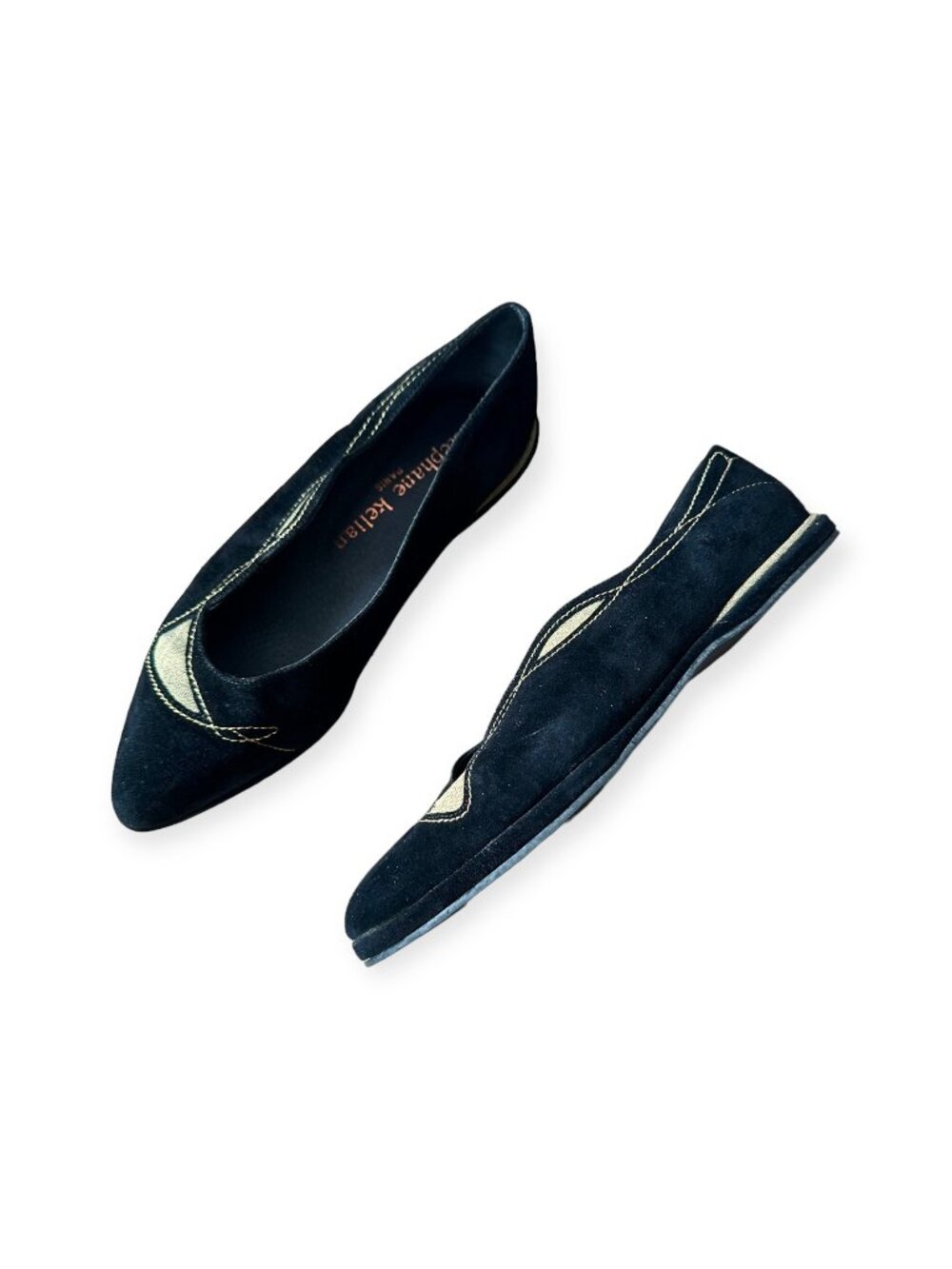 Stephane Kelian Paris Vintage Black Suede Flats Gold Cutout 90s Size 7.5